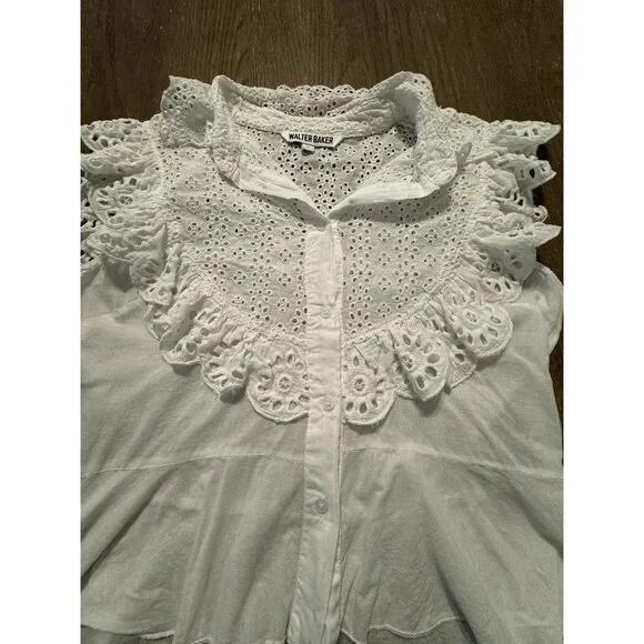 Walter Baker Eyelit flutter sleeve white Bib Collar Ruffle Shirt Small Coquette - Picture 9 of 11